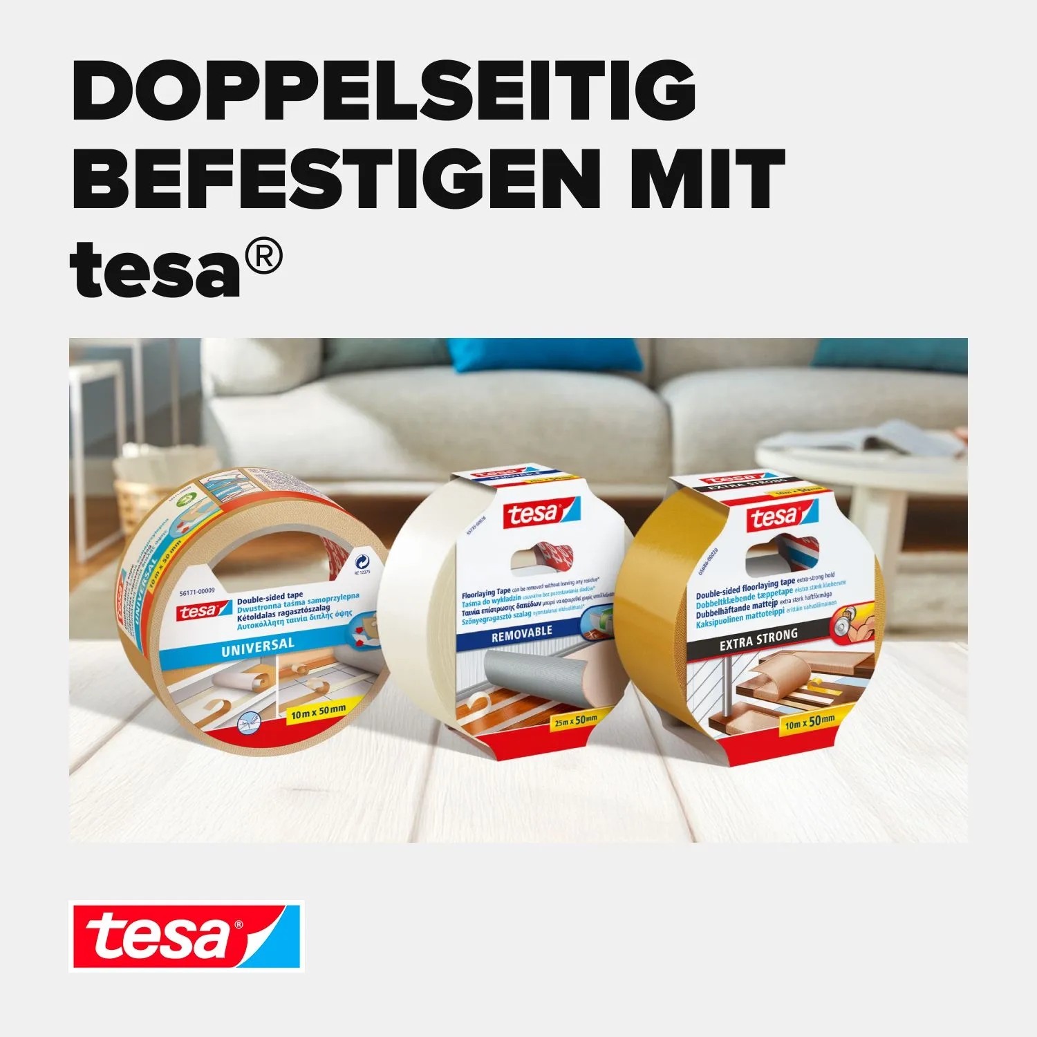 Drei tesa doppelseitige Verlegebänder für Teppiche auf Holzboden. Das gelbe ist extra stark klebend.