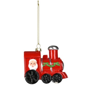 Hängedeko Weihnachtsfigur: Rote Lokomotive mit Weihnachtsmann als Baumbehang.