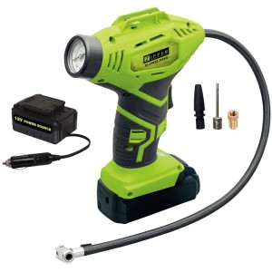 Zipper Akku-Luftpumpe ZI-LPE20 mit Manometer, Akku, Zigarettenanzünder und Aufsätzen für Kompressoren.