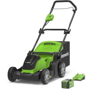 Greenworks Akku-Rasenmäher-Set G40LM41K2X 40 V mit Akkus und Ladegerät.