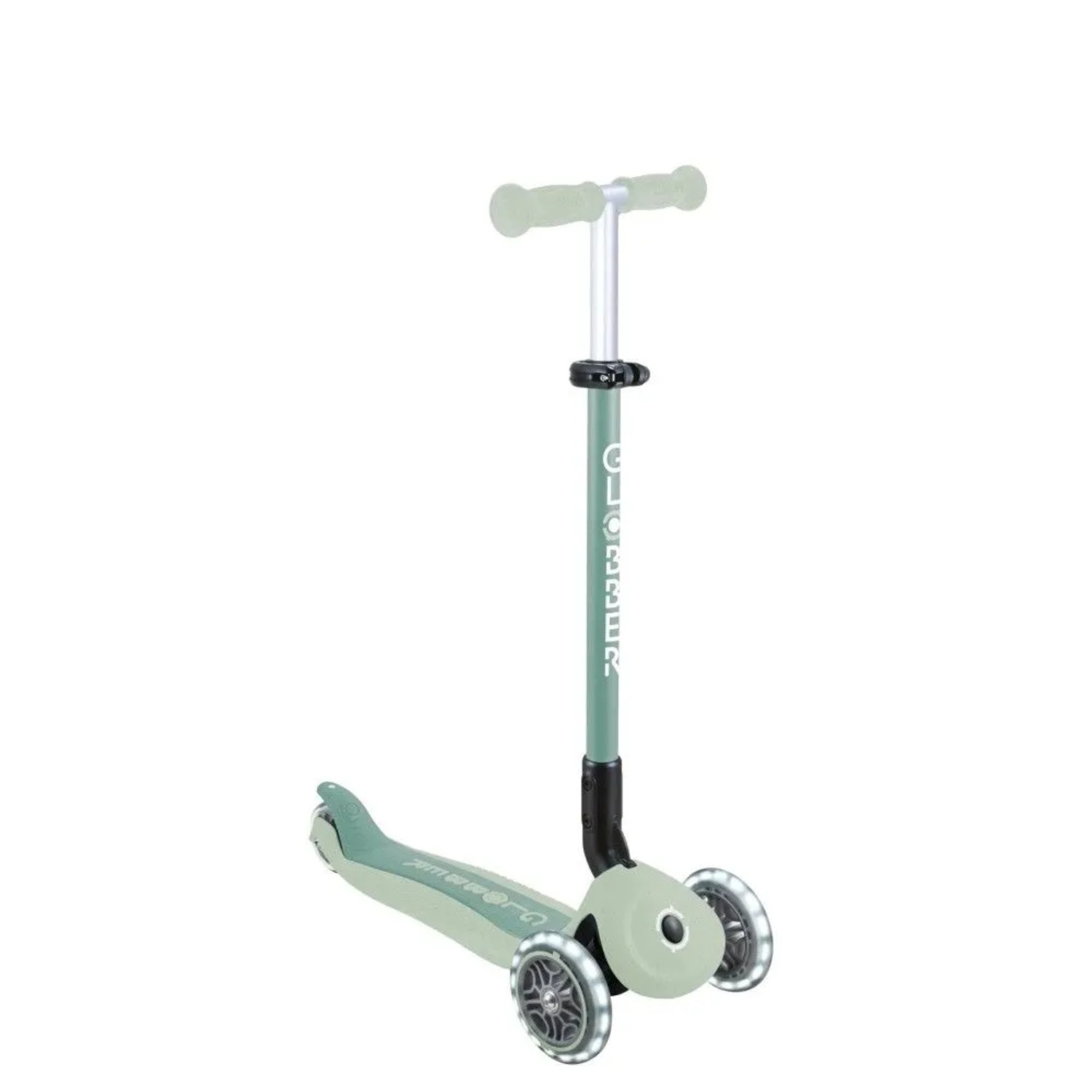 Globber Go-Up Active Lights 3-in-1 Scooter in Pistazie mit leuchtenden LED-Rädern, höhenverstellbar.