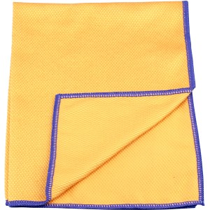 Gelbes Purclean Mikrofaser Bekko Tuch mit blauer Umrandung, gefaltet.