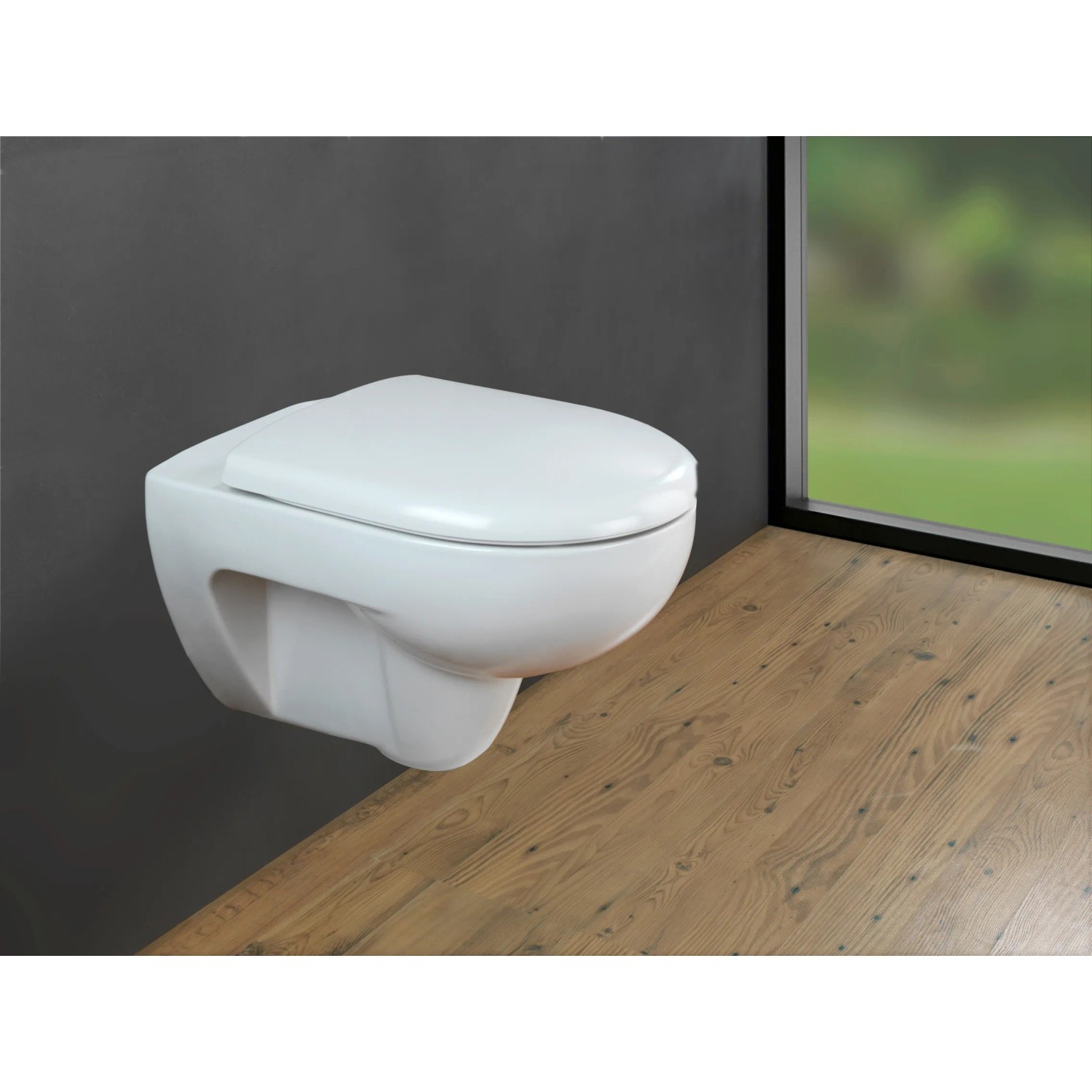 Wand-WC mit WC-Sitz Exclusive passend für Geberit Renova, weiß, mit Absenkautomatik.