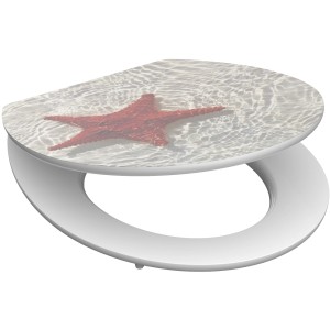 WC-Sitz mit Holzkern und rotem Seestern-Motiv auf dem Deckel. Absenkautomatik für leises Schließen.