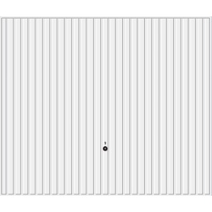 Weißes Hörmann Schwingtor Berry Pearlgrain Garagentor mit senkrechter Sicke und Schloss.