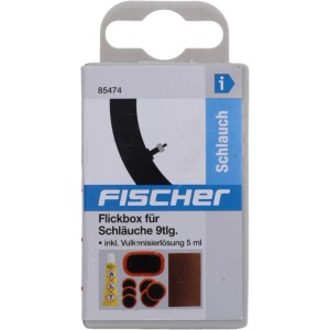 Fischer Flickbox Schläuche 9-teilig: Set mit Flicken, Vulkanisierlösung und Schleifpapier für Fahrradreifen.