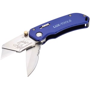 Blaues LUX 2 in 1 Klappmesser mit zwei Klingen, davon eine mit Wellenschliff.