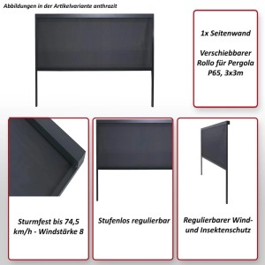 Weiße Seitenwand für Pergola P65, 3x3m, aus Stoff/Textil, sturmfest.