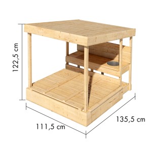 Karibu Sandkasten Max aus naturbelassener Fichte mit Dach und Matschküche, Maße 122,5x111,5x135,5 cm.