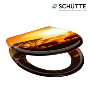 Schütte WC-Sitz Africa mit Duroplast, Absenkautomatik und Schnellverschluss, Motiv: Savanne bei Sonnenuntergang.