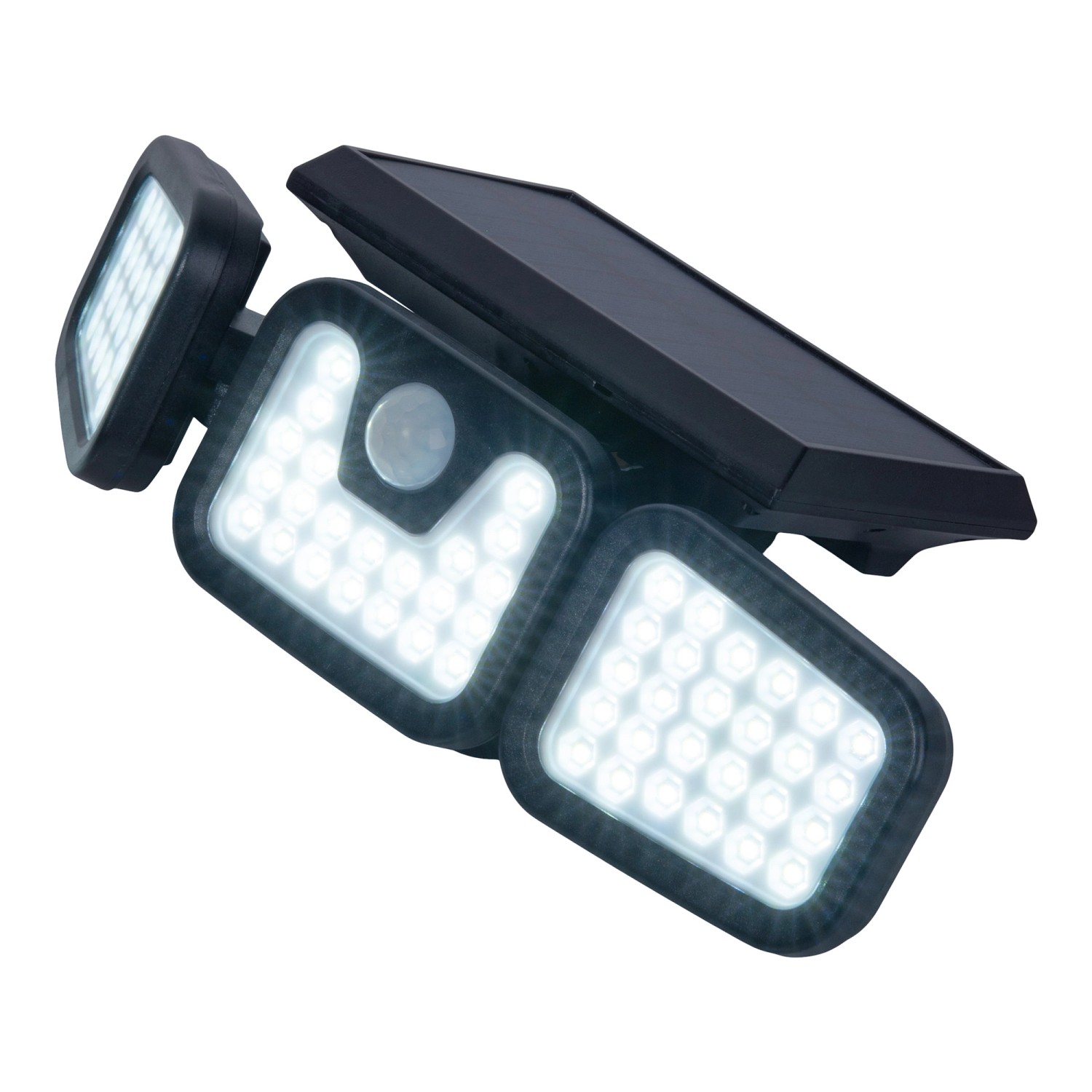 Schwarze Näve LED Solar-Wandleuchte Pacita für den Außenbereich mit drei Leuchtflächen.