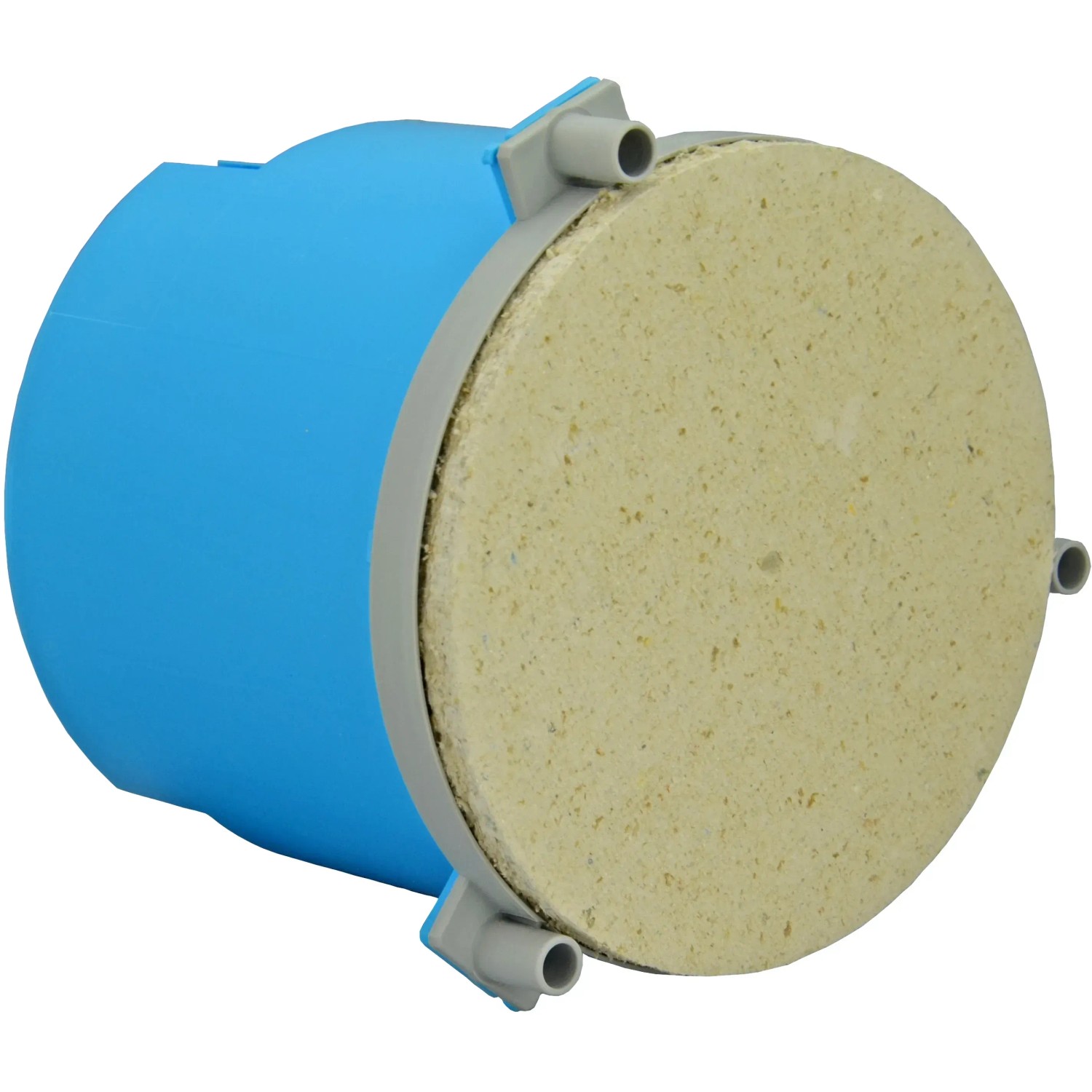 Blaue Betondose 150x120 mm mit Mineralfaserplatte für Einbauleuchten.