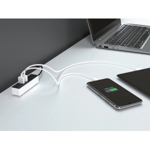 3-in-1 USB Adapter Ladegerät (weiß-grau) lädt Smartphone, Tablet und Laptop.