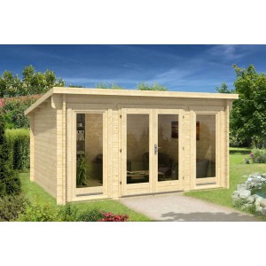 Alpholz Gartenhaus Atrium-F mit Pultdach, tauchimprägniert, 440x345 cm. Holzhaus mit Glastüren im Garten.