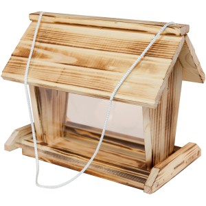 Vogelfuttersilo Großvenediger aus Holz mit Aufhängeschnur und transparenten Futterstandfenstern.