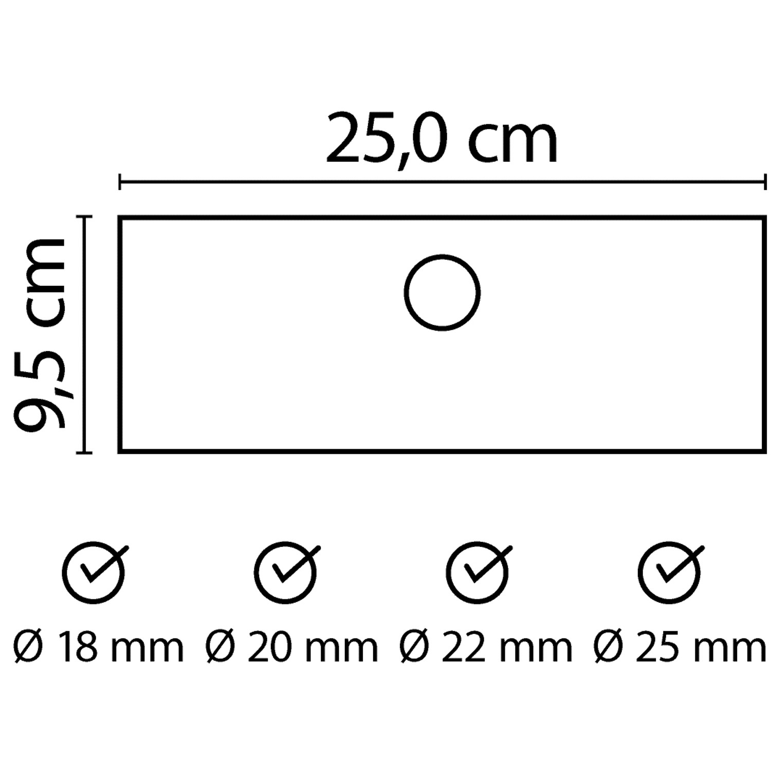 aquaSu Ablage Mila für Duschstange, chrom, mit Maßangaben für Duschstangen von 18-25mm Durchmesser.