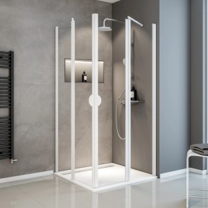 Schulte Sunny Eckeinstieg mit Drehtüren, 80x80 cm, weißes Profil und Klarglas. Duschkabine im Badezimmer.