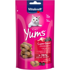 Vitakraft Cat Yums Superfood Holunder, Katzensnack mit Ente im pinken Beutel.