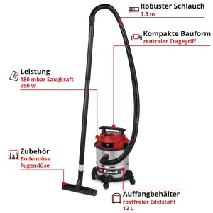Einhell TC-VC 1240 S Nass-Trockensauger mit 12l Edelstahlbehälter und Zubehör.