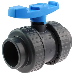 Setma PVC Kugelhahn mit Verschraubung, Ø 32 mm, schwarz mit blauem Griff für Hebeanlagen.