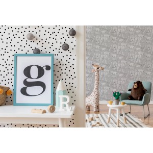 Kinderzimmer mit Vliestapete Superfresco Easy Konfetti in Schwarz-Weiß.