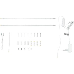 2er-Set weiße LED-Lichtleisten zur Unterbaumontage mit Zubehör.
