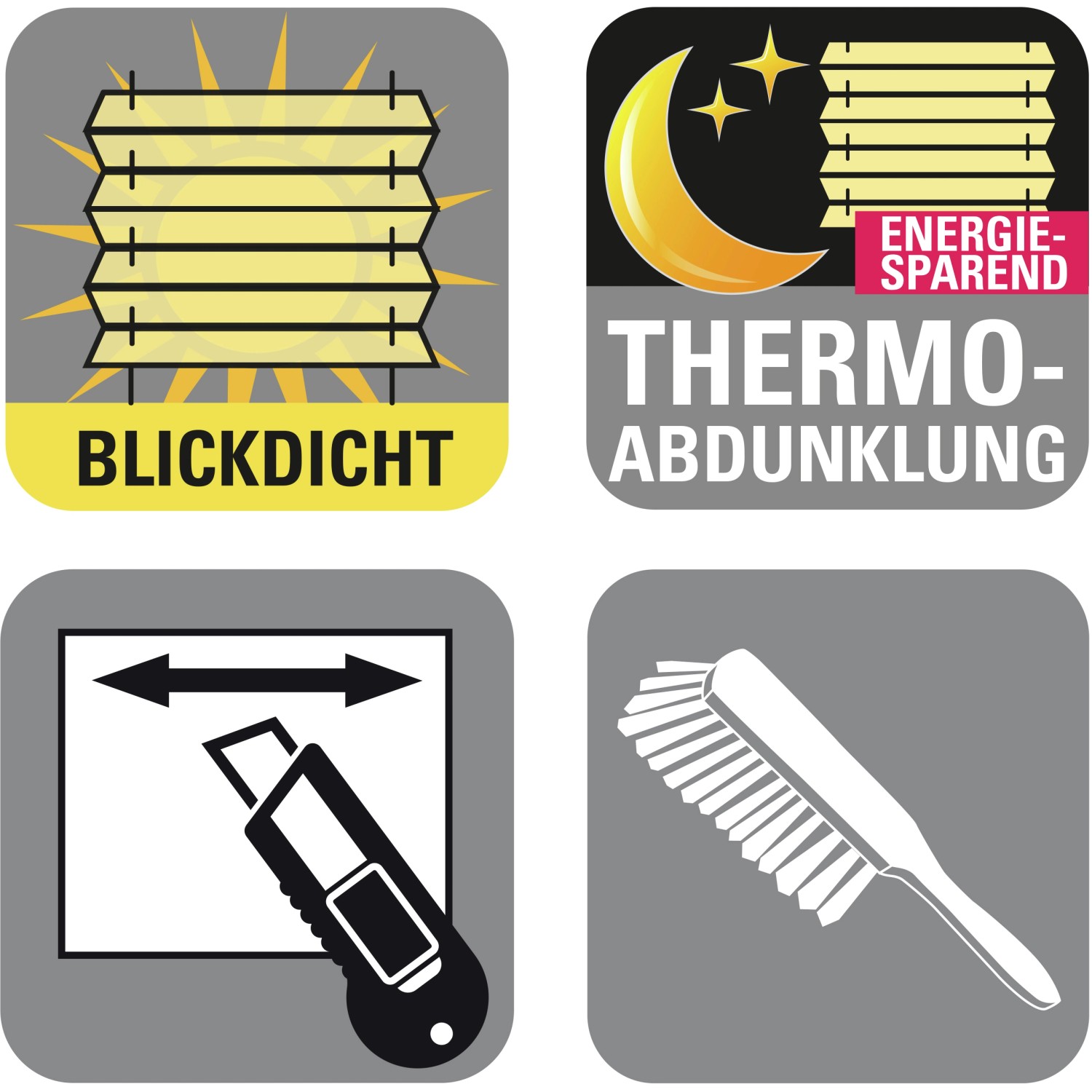 Symbole für Gardinia Easy Fix Plissee: blickdicht, Thermo-Abdunklung, kürzbar, Reinigungsbürste.