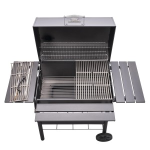 Char-Broil Holzkohlegrill Charcoal L mit offenem Deckel, verstellbarem Kohlerost und Ablageflächen.