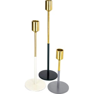 Kerzenhalter Saga 3er Set in Gold, Weiß, Schwarz und Grau. Dekorative Stabkerzenständer für stimmungsvolle Beleuchtung.