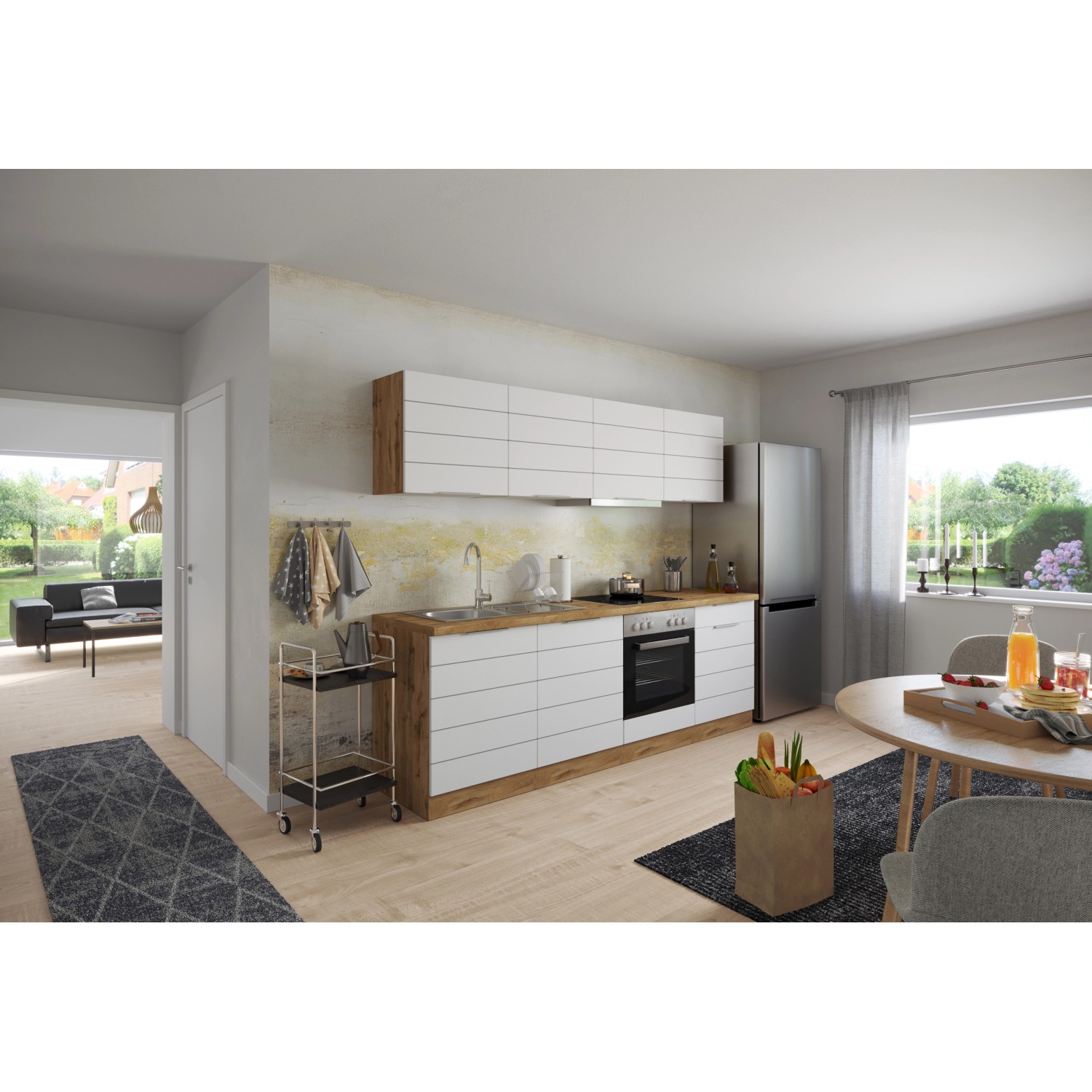 Moderne Küchenzeile in Weiß-Wotaneiche Optik mit E-Geräten und Spüle, 240 cm breit.