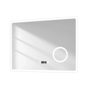 Emke LED Badspiegel 80x60 cm mit 3x Vergrößerung, digitaler Uhr und dimmbarer Beleuchtung.