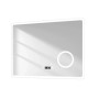 Emke LED Badspiegel 80x60 cm mit 3-fach Vergrößerung, dimmbarer Beleuchtung, digitaler Uhr und Antibeschlagfunktion.