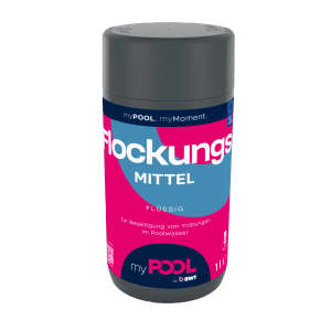 Dunkelgraue myPOOL Flockungsmittel Flasche, 1 l, mit pink-blauem Etikett zur Poolwasserreinigung.