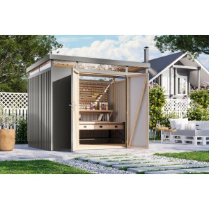 Karibu Metallgerätehaus Argos 3 in Graualuminium mit geöffneten Türen und Werkbank im Inneren.