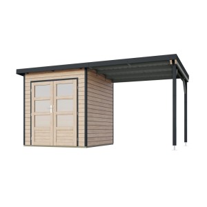 Karibu Gartenhaus Domingo 1 A mit Anbaudach 2,33 m Natur-Anthrazit