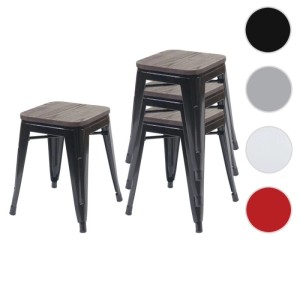 MCW 4er Set Hocker A73, schwarz, mit Holz-Sitzfläche, stapelbar.