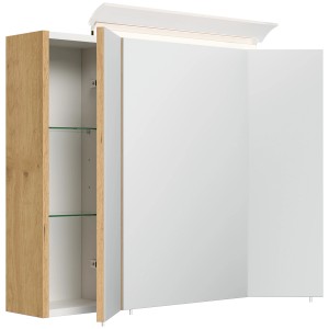 Posseik Spiegelschrank 80 cm Eiche Gold mit LED-Lampe und Glasböden.