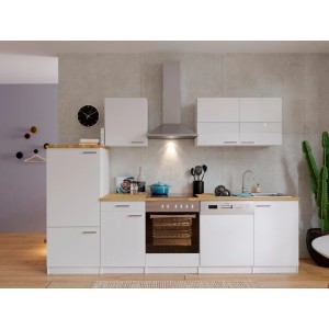 Weiße Respekta Economy Küchenzeile 280 cm mit Elektrogeräten und Arbeitsplatte in Nussbaumoptik.