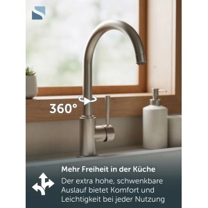 SCHÜTTE CORNWALL Spültischarmatur aus gebürstetem Edelstahl mit hohem, 360° schwenkbarem Auslauf in Küche.