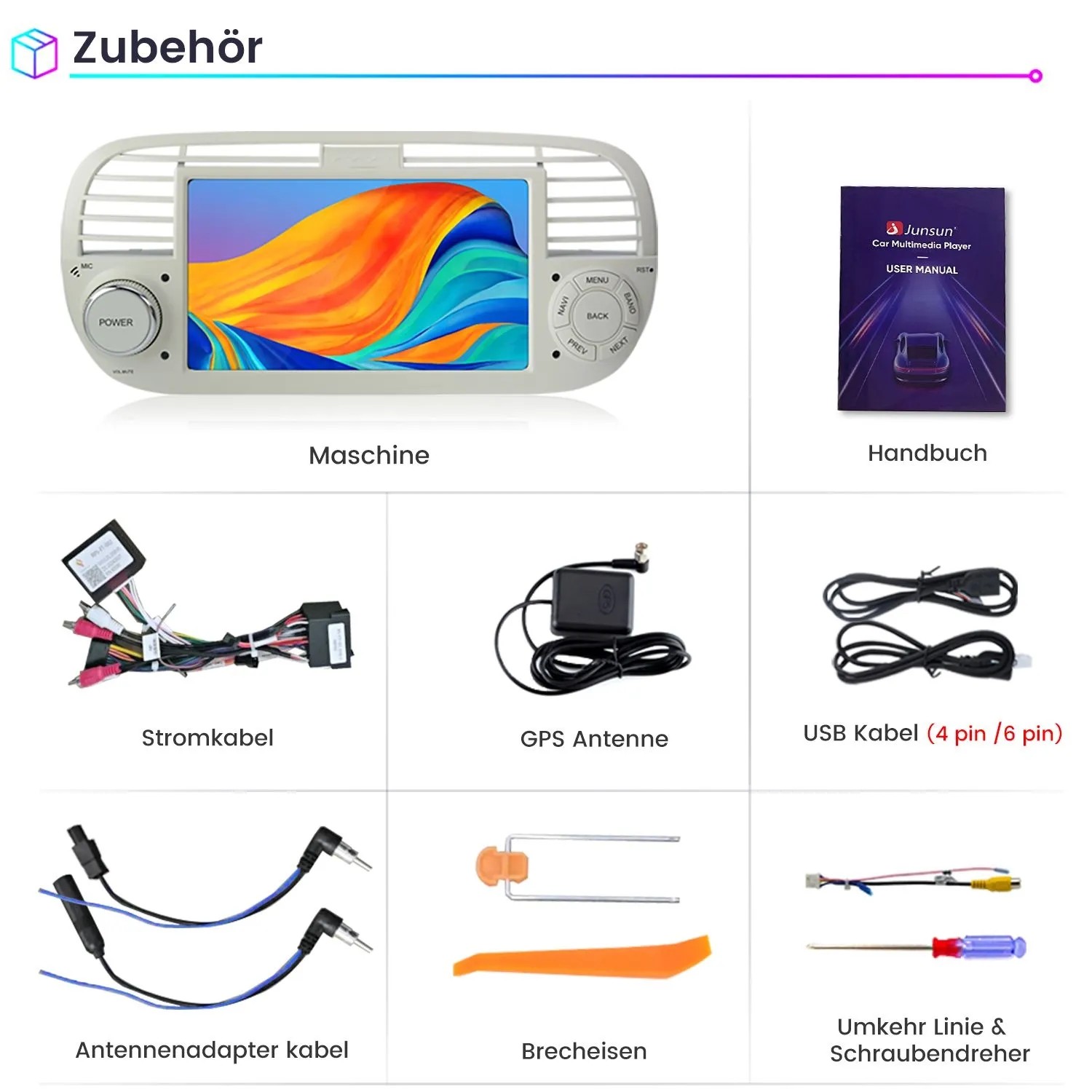 Junsun Autoradio für Fiat 500 mit Display, GPS Navigation, CarPlay, Android Auto und Installationszubehör.