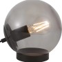 Graue Design-Tischlampe mit Rauchglas-Schirm und schwarzem Metallfuß, 18,5 cm hoch.