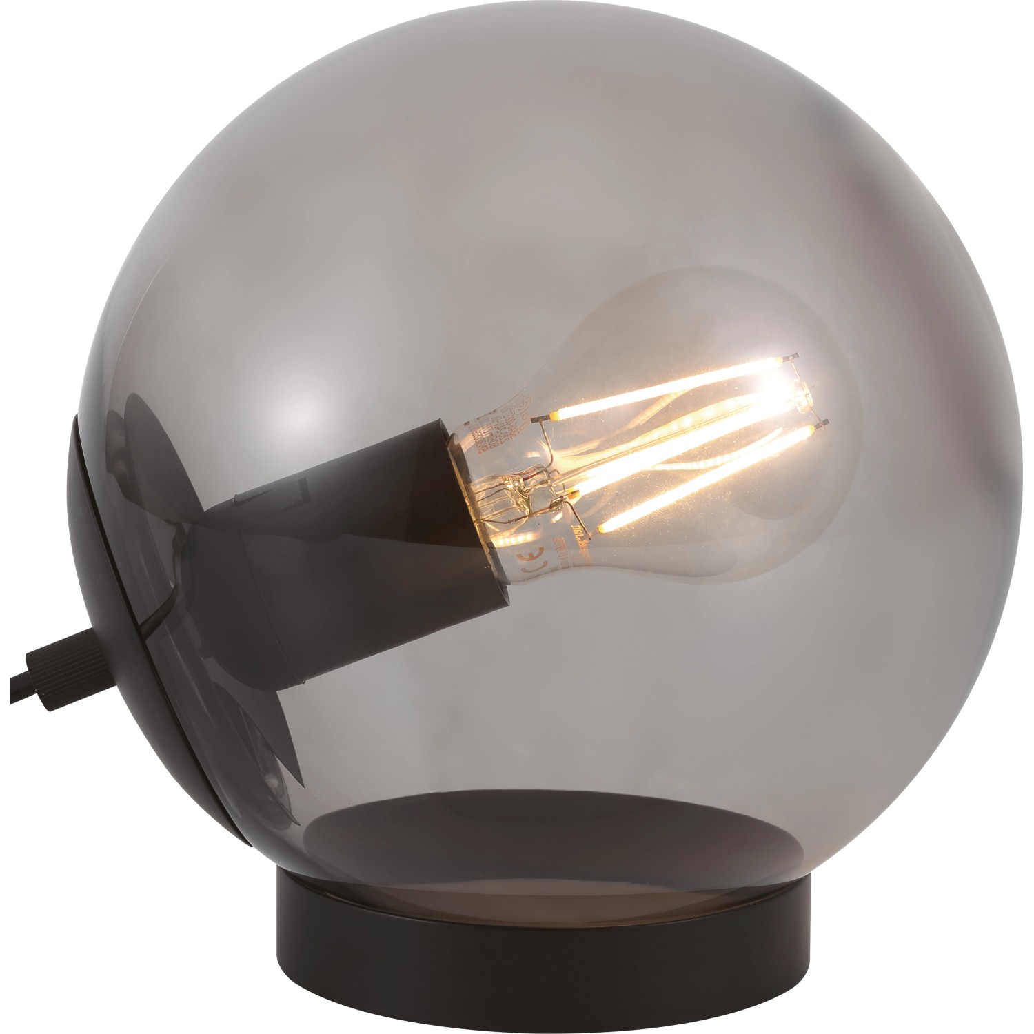 Graue Design-Tischlampe mit Rauchglas-Schirm und schwarzem Metallfuß, 18,5 cm hoch.