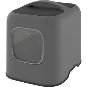 Anthrazitfarbene Rotho Katzentoilette Biala mit Griff und Klappe.