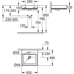 Technische Zeichnung: Grohe Cube Keramik Waschtisch 50 cm, Maße und Details für Installation.