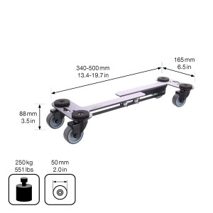 Wagner Transporthilfe Extender aus Stahl, ausziehbar, mit Rollen und Maßangaben.