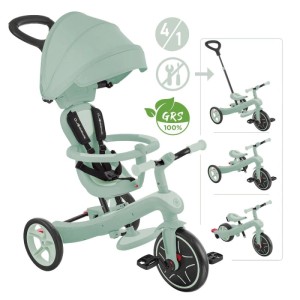 Pistazienfarbenes Globber Explorer Trike 4in1 Kinderfahrzeug als Kinderwagen, Dreirad und Laufrad.