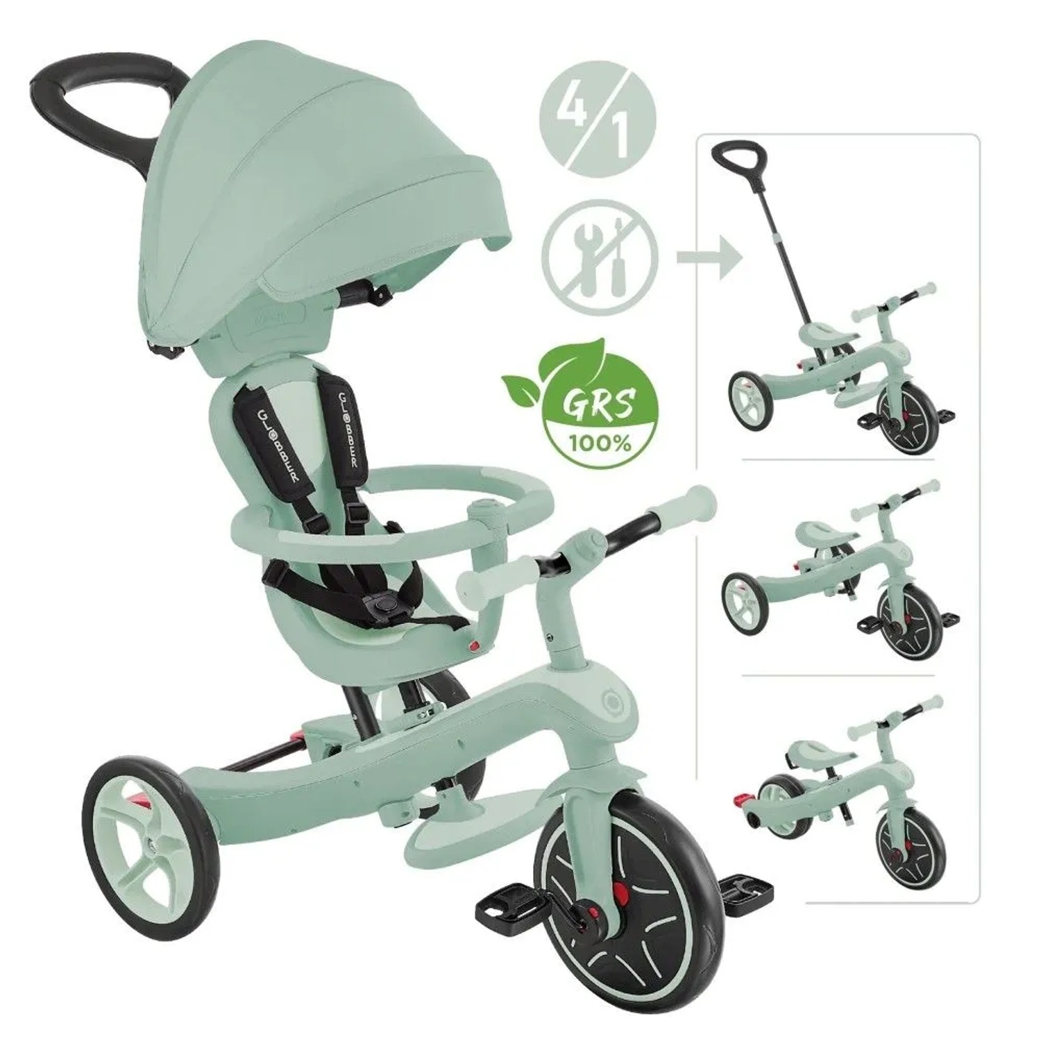 Globber Explorer Trike 4in1 Kinderwagen, Dreirad & Laufrad in Pistazie. Höhenverstellbarer TPR-Sitz, vielseitiges Kinderfahrzeug.