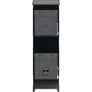 Schwarzer Kaminofen aus Gusseisen, 6 kW, mit zwei Türen und rustikaler Holzmaserung. Ideal für Scheitholz.