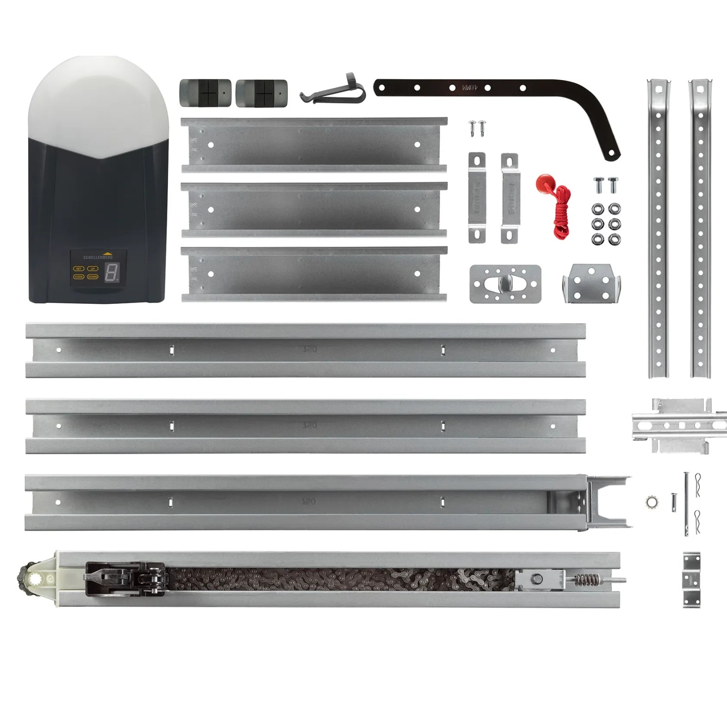 Schellenberg Powerlift 800N Garagentorantrieb Set mit Motor, Schienen, Handsender und Montagezubehör.