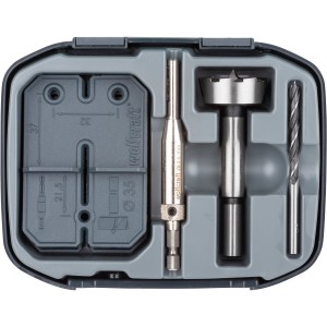 wolfcraft Scharnierloch-Set, 5-teilig, mit Bohrern und Schablonen im Koffer.